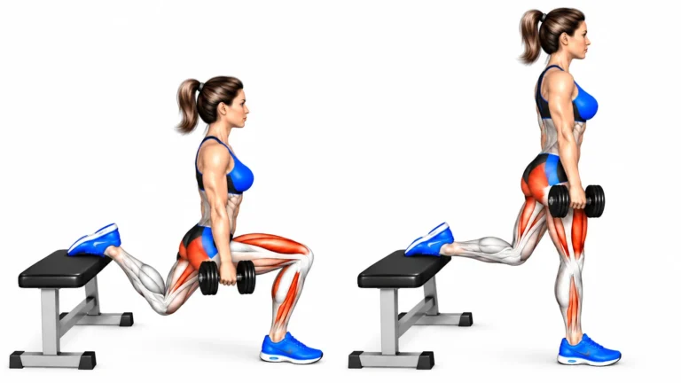 Squat bulgare : illustration anatomique en mouvement, quadriceps et fessiers sollicités