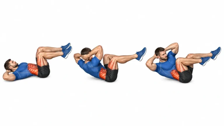 Illustration anatomique du crunch bicyclette en trois phases : genou rapproché du coude opposé, mains derrière la tête, droit de l'abdomen et obliques en rouge