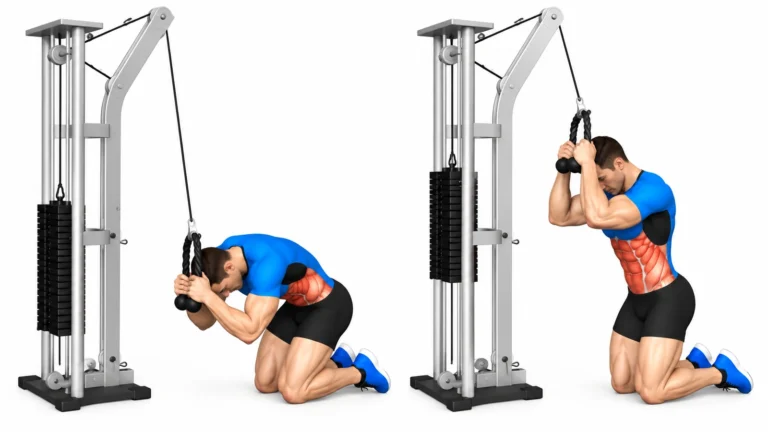 Crunch à la poulie : position de départ à genoux et position de contraction des abdominaux