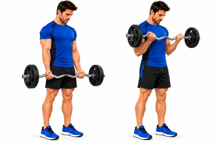 Curl biceps à la barre EZ : position basse et position haute