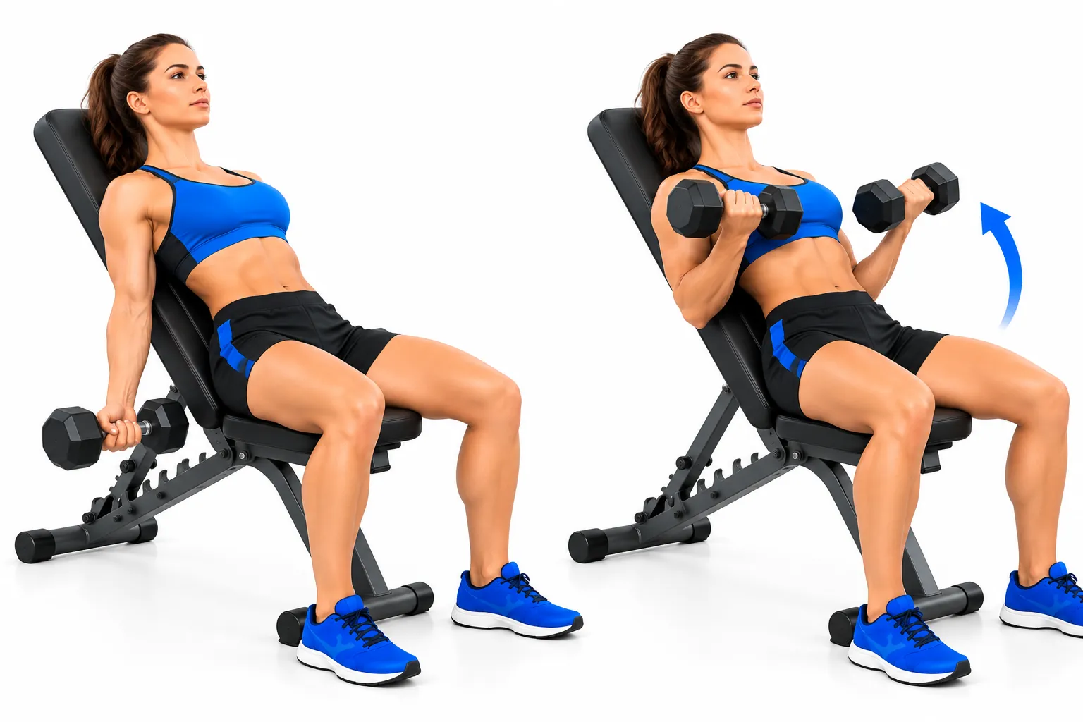 Curl biceps incliné : angle de banc, position étirée du chef long, technique, variantes, erreurs et programme de progression sur 8 semaines.