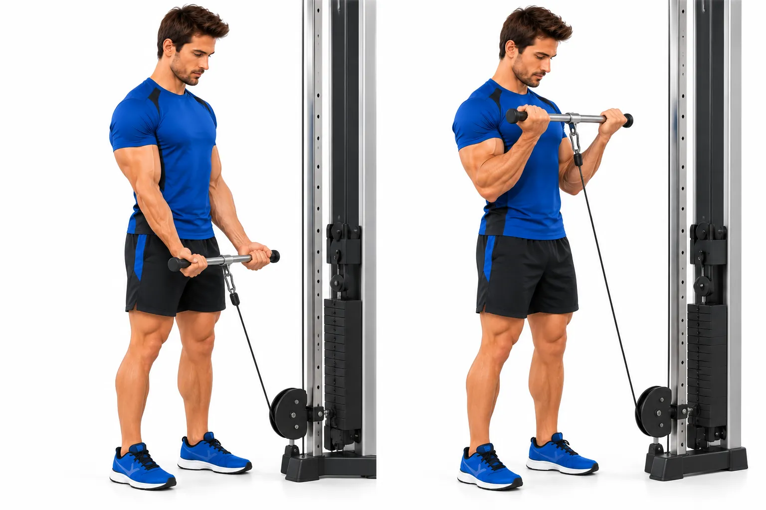 Curl à la poulie : position de départ et position de contraction, biceps sollicité