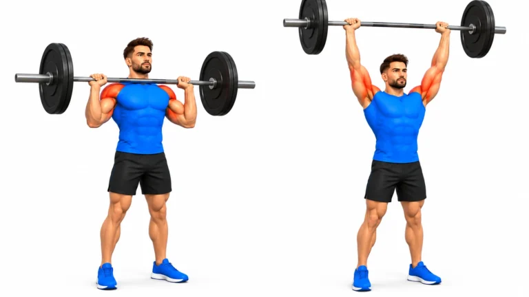 Illustration du développé militaire à la barre en deux phases : barre posée sur le haut des pectoraux, puis bras tendus au-dessus de la tête, deltoïdes mis en évidence
