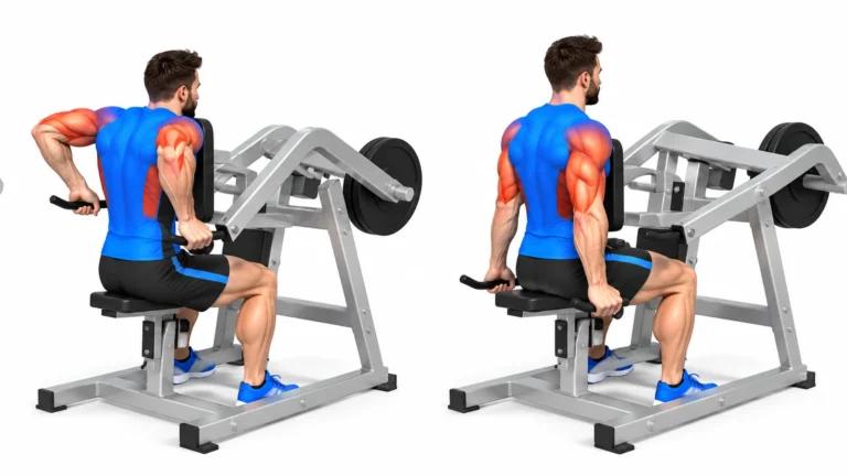 Dips assis à la machine guidée, phase basse et phase haute, dorsaux, triceps et deltoïdes sollicités