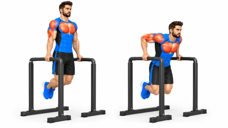 Homme effectuant des dips aux barres parallèles, position haute bras tendus et position basse coudes fléchis, muscles pectoraux, triceps et deltoïdes antérieurs en surbrillance