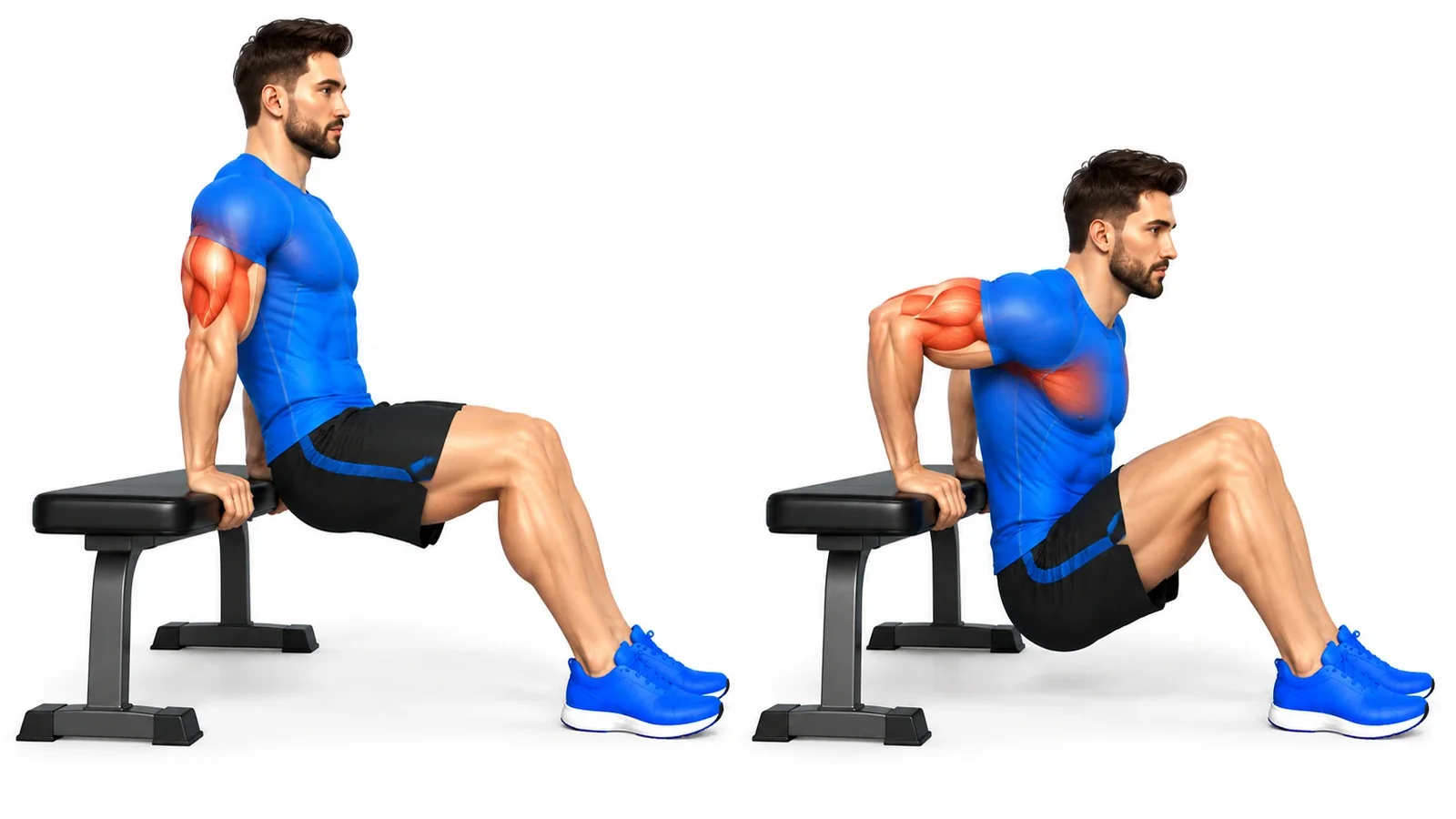 Dips sur banc : position haute bras tendus et position basse coudes fléchis, triceps sollicité