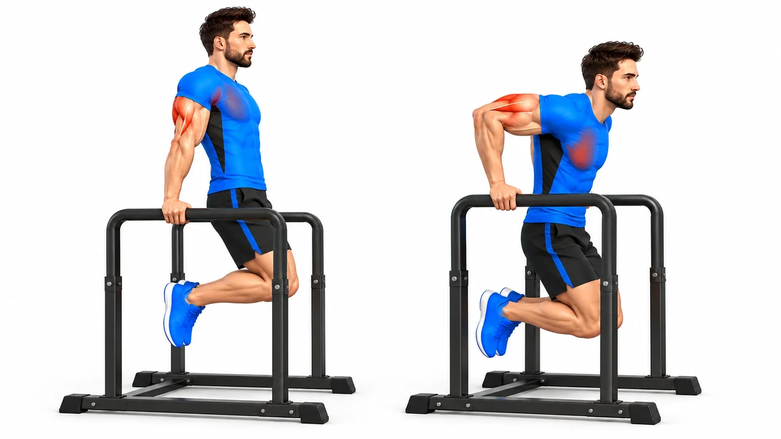 Dips sur barres parallèles : position haute et position basse, triceps et grand pectoral sollicités