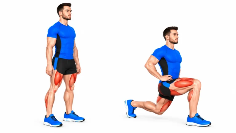 Fente : position de départ et position basse, quadriceps et fessiers sollicités
