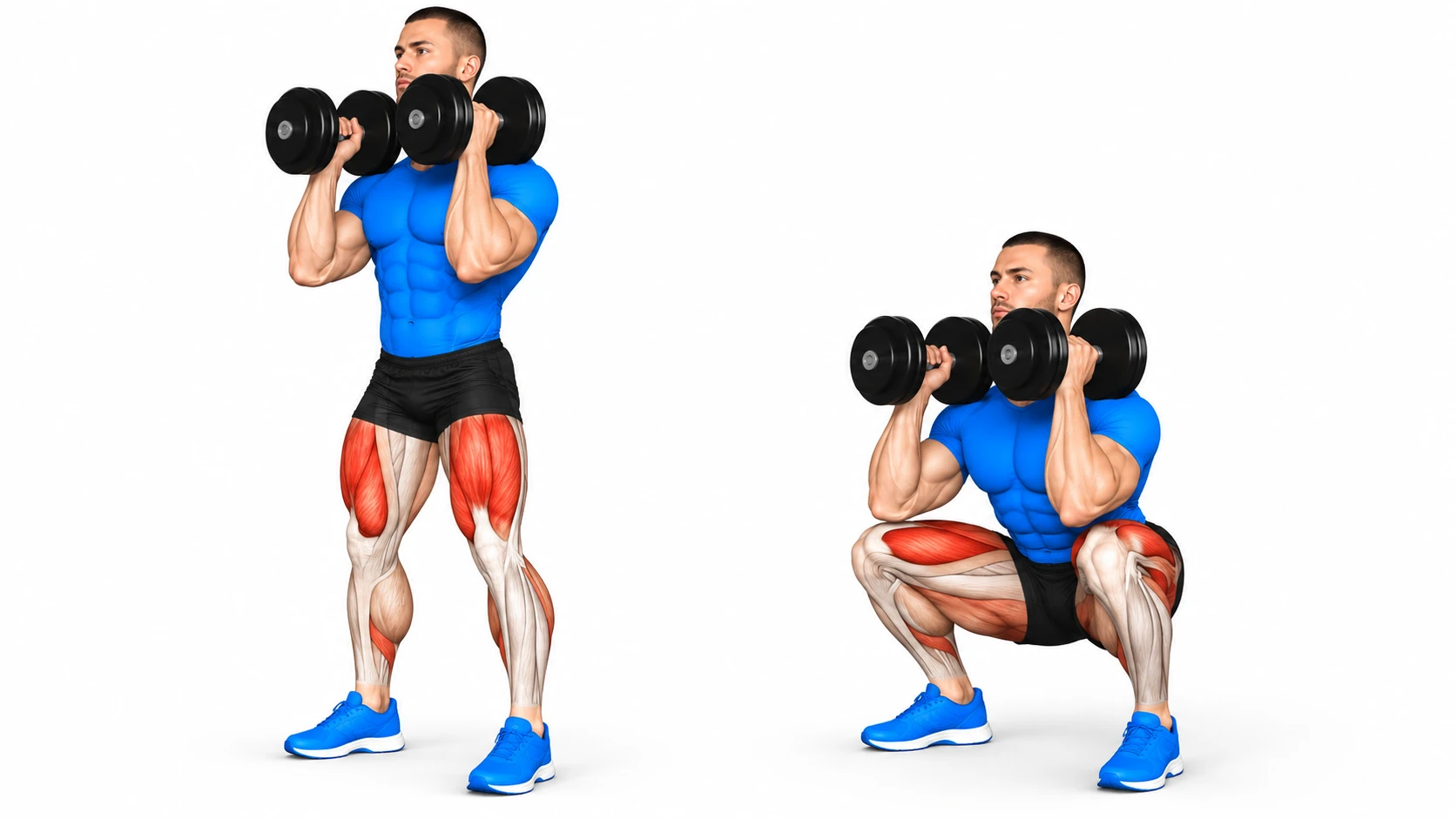 Front squat à l'haltère : position debout et position basse, quadriceps sollicités