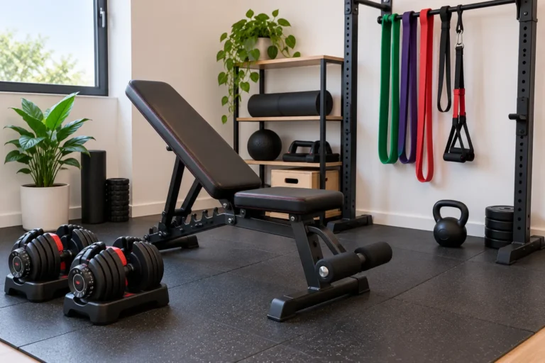 exercice biceps maison : home gym minimal avec haltères réglables, banc et élastiques
