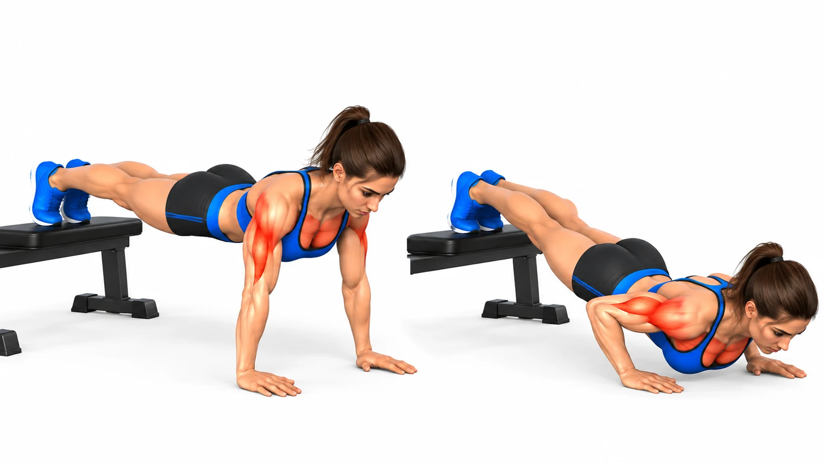 Pompes déclinées, pieds surélevés sur un banc : position haute et position basse, faisceau claviculaire du grand pectoral et deltoïdes antérieurs sollicités