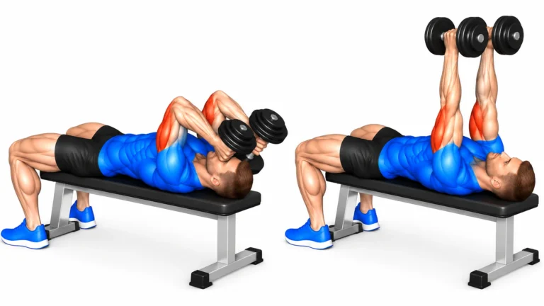 Extension triceps allongé sur banc, deux haltères, bras fléchis puis tendus à la verticale
