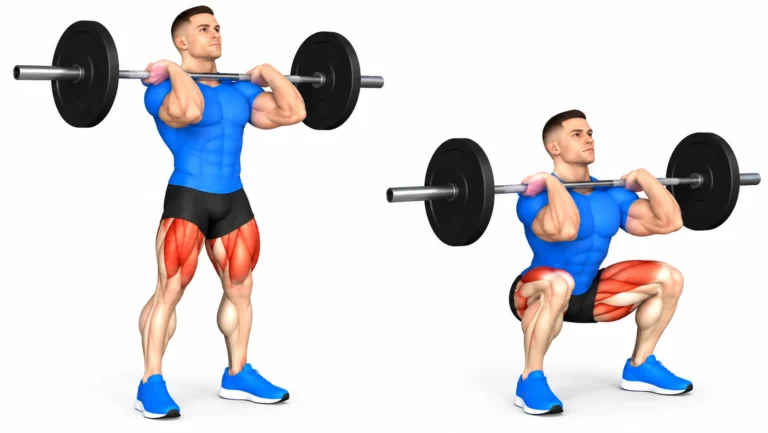 Front squat à la barre : position debout et position accroupie, quadriceps sollicités