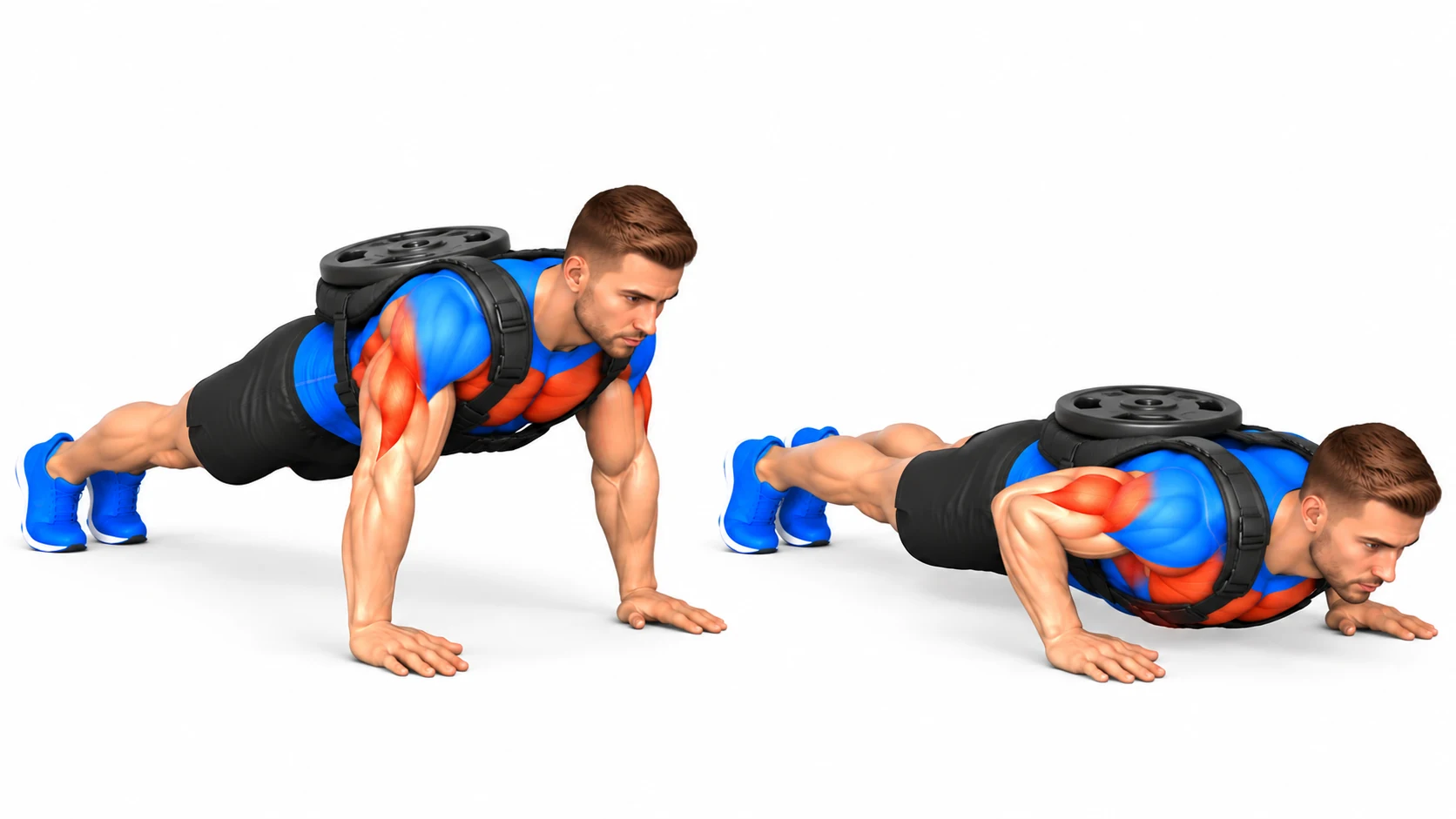 Pompes lestées : position haute et position basse avec une plaque de musculation maintenue entre les omoplates par un gilet, pectoraux et triceps sollicités