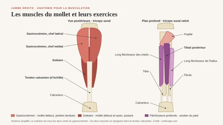 Schéma simplifié des muscles du mollet droit : vue postérieure avec gastrocnémien chefs médial et latéral, soléaire, tendon calcanéen et calcanéus ; plan profond avec poplité, tibial postérieur, long fléchisseur des orteils, long fléchisseur de l'hallux, tibia et fibula, avec les exercices associés