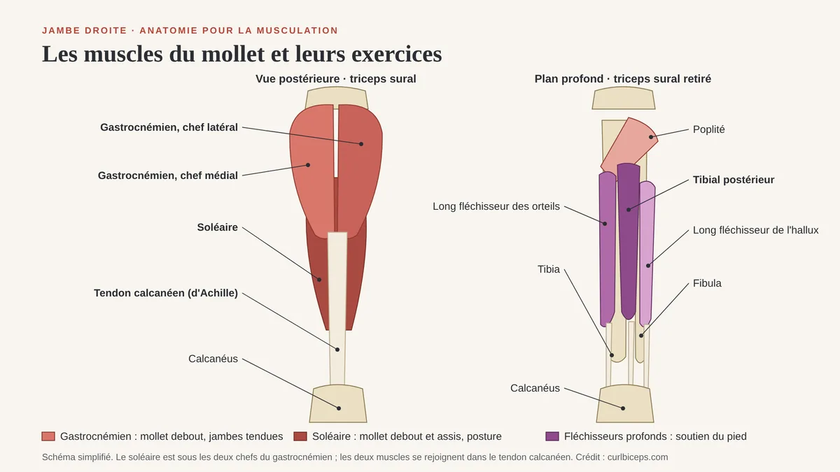 Schéma simplifié des muscles du mollet droit : vue postérieure avec gastrocnémien chefs médial et latéral, soléaire, tendon calcanéen et calcanéus ; plan profond avec poplité, tibial postérieur, long fléchisseur des orteils, long fléchisseur de l'hallux, tibia et fibula, avec les exercices associés