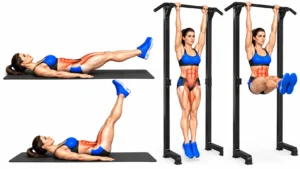 Relevé de jambes allongé au sol et relevé de jambes suspendu à la barre de traction, abdominaux sollicités