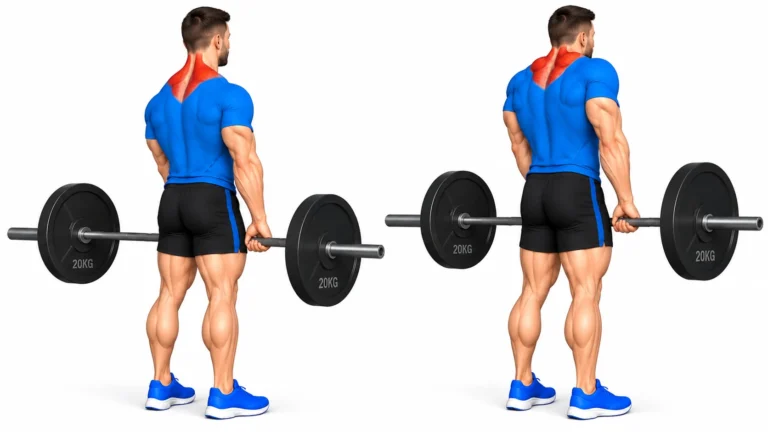 Shrug à la barre : position basse et position haute, trapèzes sollicités