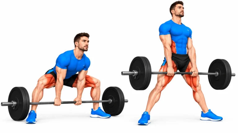 Soulevé de terre sumo : position debout et position basse, pieds écartés, quadriceps et adducteurs sollicités
