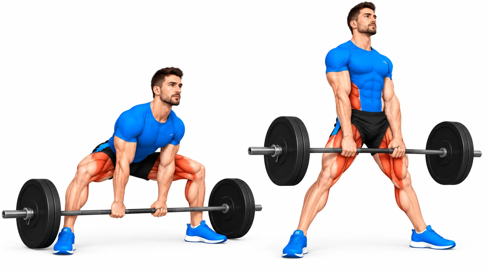 Soulevé de terre sumo : position debout et position basse, pieds écartés, quadriceps et adducteurs sollicités