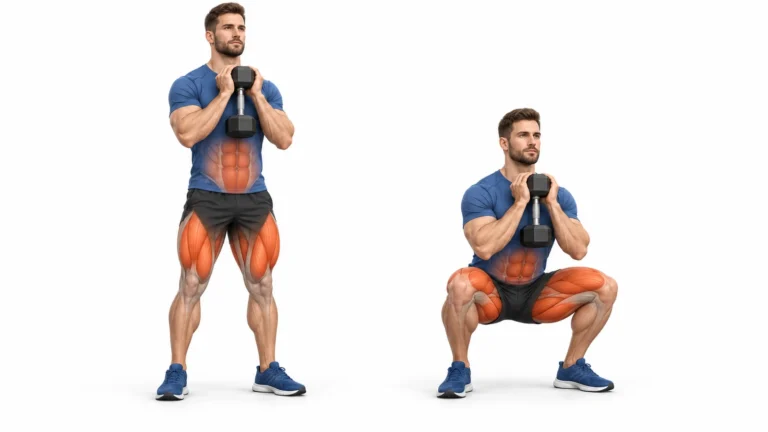 Squat gobelet à l'haltère tenu contre la poitrine, position debout puis position basse, quadriceps et gainage sollicités