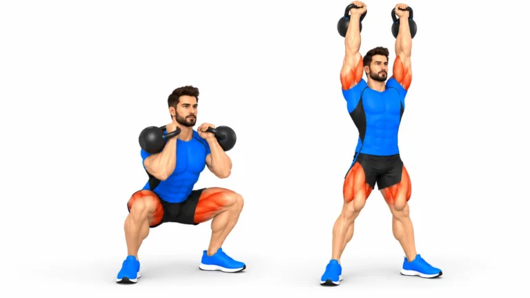 Thruster à deux kettlebells en deux phases : squat avec kettlebells aux épaules puis développé bras tendus au-dessus de la tête